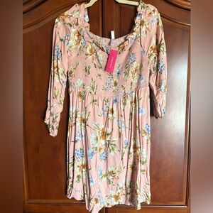 Floral Pink Dress with Blue and Green Accents